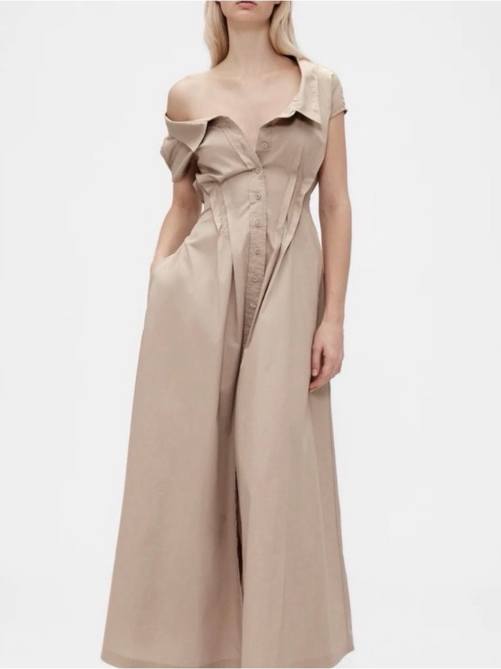 Viral GAP Beige Off-Shoulder Maxi Shirt Dress! Excellent condition